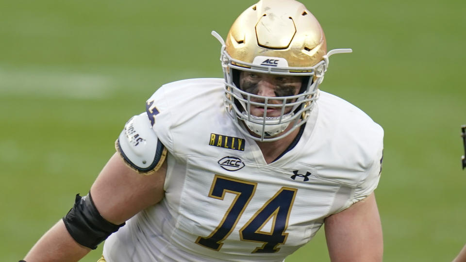 Notre Dame offensive tackle Liam Eichenberg has the look of a solid, steady NFL player. (AP Photo/Keith Srakocic)