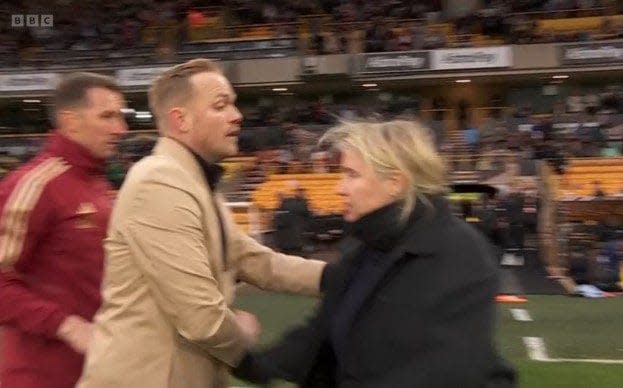 Unhappy Emma Hayes appears to shove Jonas Eidevall