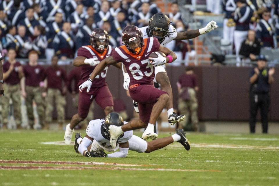 Virginia Tech's Kyle Lowe (83) runs for a touchdown against Wake Forest during the first half of an NCAA college football game, Saturday, Oct. 14, 2023, in Blacksburg, Va. (AP Photo/Robert Simmons)