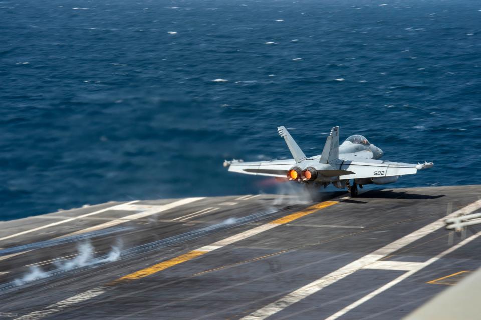 An E/A-18G Growler takes off from the flight deck of the USS Dwight D. Eisenhower in the Arabian Gulf on Nov. 29, 2023.