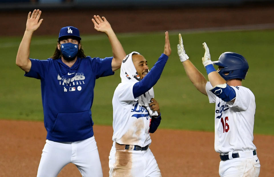 The Dodgers celebrated another walk-off win Thursday. (Photo by Keith Birmingham/MediaNews Group/Pasadena Star-News via Getty Images)