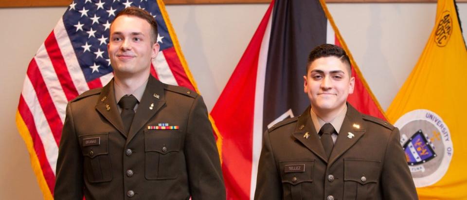 Michael Branas, left, and Emmanuel Tellez were commissioned as second lieutenant during an Army ROTC commissioning ceremony at East Stroudsburg University.