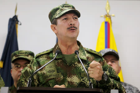 Commander of the Colombian National Army, General Nicacio Martinez speaks during a news conference, in Bogota, Colombia May 20, 2019. REUTERS/Luisa Gonzalez