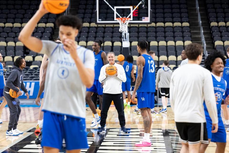 Kentucky coach John Calipari watches his team practice ahead of the Wildcats’ first-round NCAA Tournament game against Oakland in 2024.