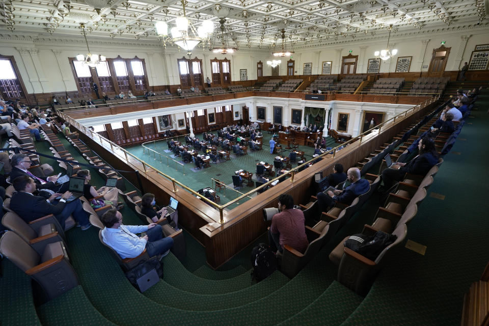 Members of the media and general public attend day three of the impeachment trial for Texas Attorney General Ken Paxton in the Senate Chamber at the Texas Capitol, Thursday, Sept. 7, 2023, in Austin, Texas. (AP Photo/Eric Gay)