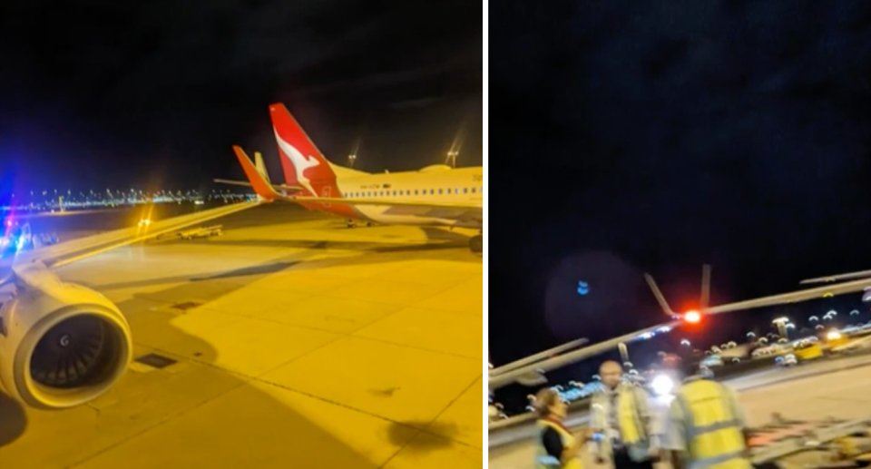 A view showing the wings of two Qantas planes colliding at Perth Airport. 