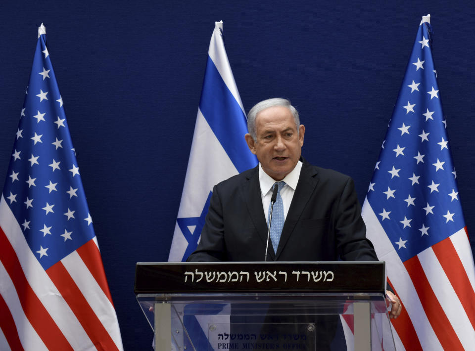 Israeli Prime Minister Benjamin Netanyahu and White House adviser Jared Kushner make statements to the press about the Israeli-United Arab Emirates peace accords, in Jerusalem, Sunday, Aug. 30, 2020. Kushner is trumpeting the recent agreement by Israel and the United Arab Emirates to establish diplomatic relations as a historic breakthrough and said “the stage is set” for other Arab states to follow suit. (Debbie Hill/Pool Photo via AP)