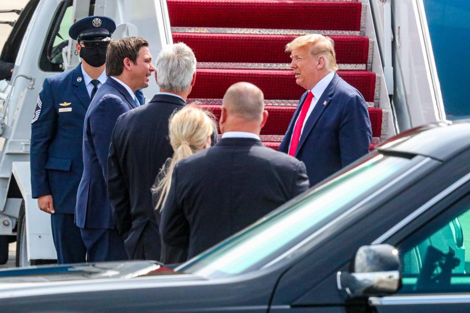 President Donald Trump arrives at Southwest Florida International Airport and deplaned at PrivateSky. Governor Ron DeSantis and Fort Myers Mayor Randy Henderson were among the small group welcoming the President.