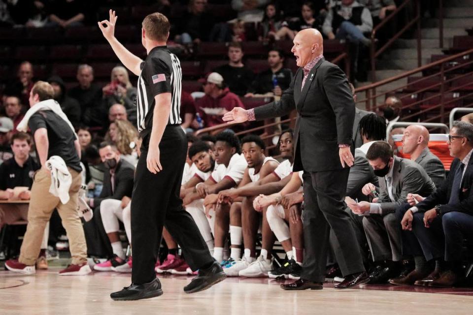South Carolina head coach Frank Martin speaks to his team while they play Wofford at Colonial Life Arena on Tuesday, November 23, 2021.
