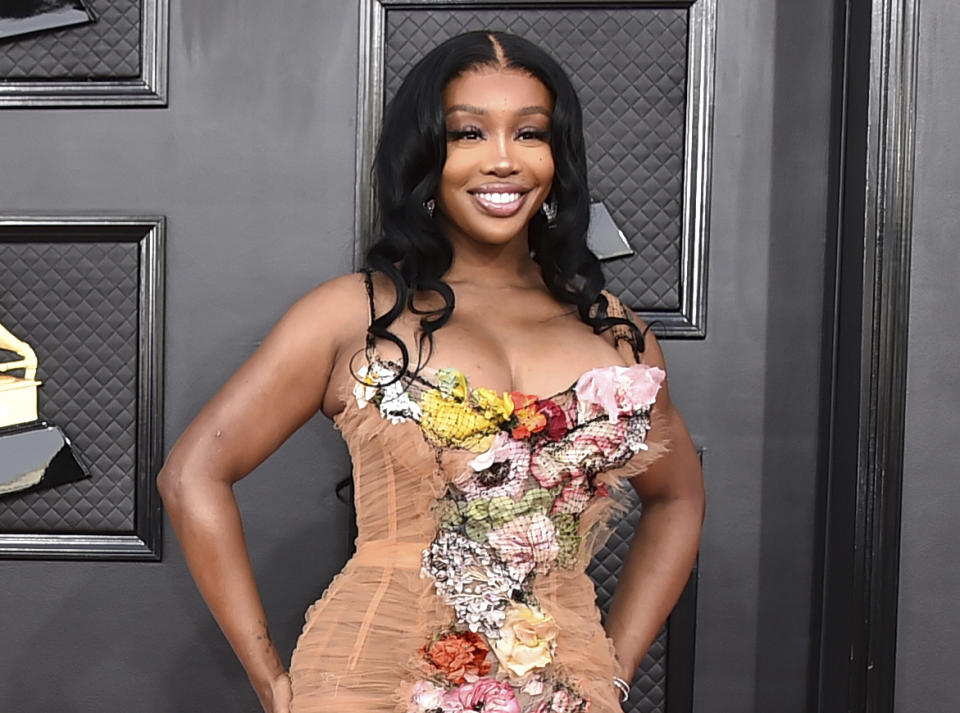 FILE - SZA arrives at the 64th Annual Grammy Awards in Las Vegas on April 3, 2022. SZA received nine Grammy nominations on Friday. (Photo by Jordan Strauss/Invision/AP, File)