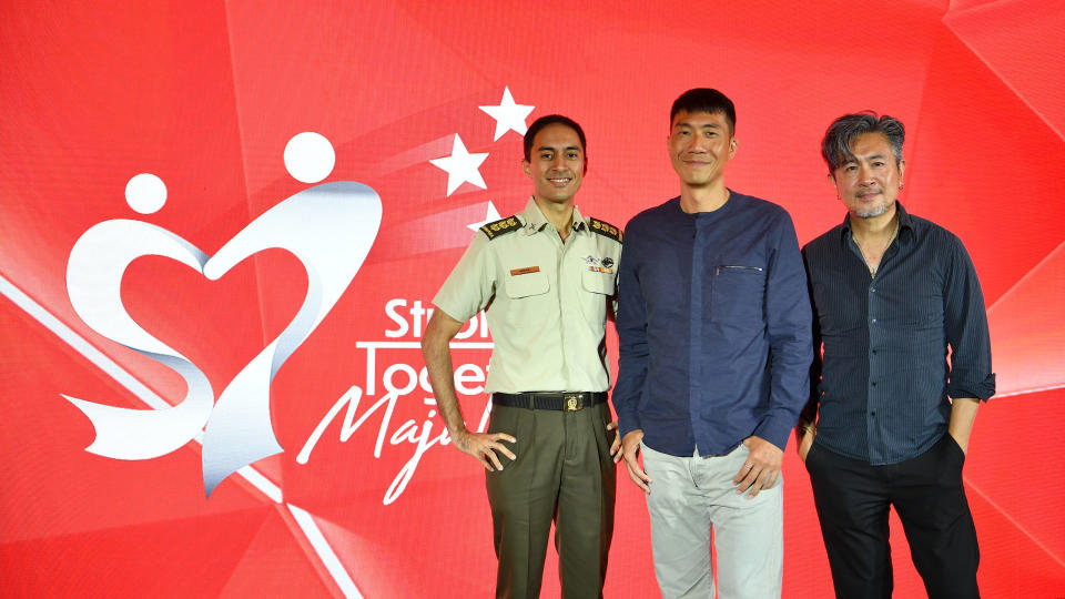 (From left) Chairman Show COL Mikail Kalimuddin, Show Film Director Ken Kwek and Creative Director Adrian Pang announcing the concept for the NDP 2022 Show segment and Show Film. (Photo: MINDEF)