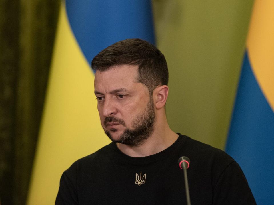 Ukrainian President Volodymyr Zelensky is seen during a joint press conference with Swedish Prime Minister Magdalena Andersson on July 4, 2022 in Kyiv, Ukraine.