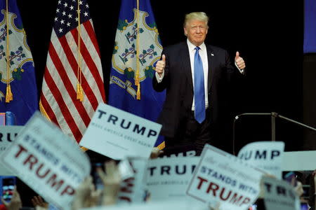 U.S. Republican presidential candidate Donald Trump arrives to speak to supporters during a campaign rally at Crosby High School, in Waterbury, Connecticut, U.S., April 23, 2016. REUTERS/Eduardo Munoz