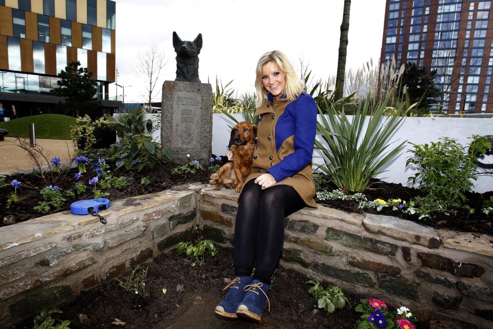 Blue Peter presenter Helen Skelton with Barney the Dog after The Princess Royal opened the Blue Peter Garden at its new home at Media City Manchester.