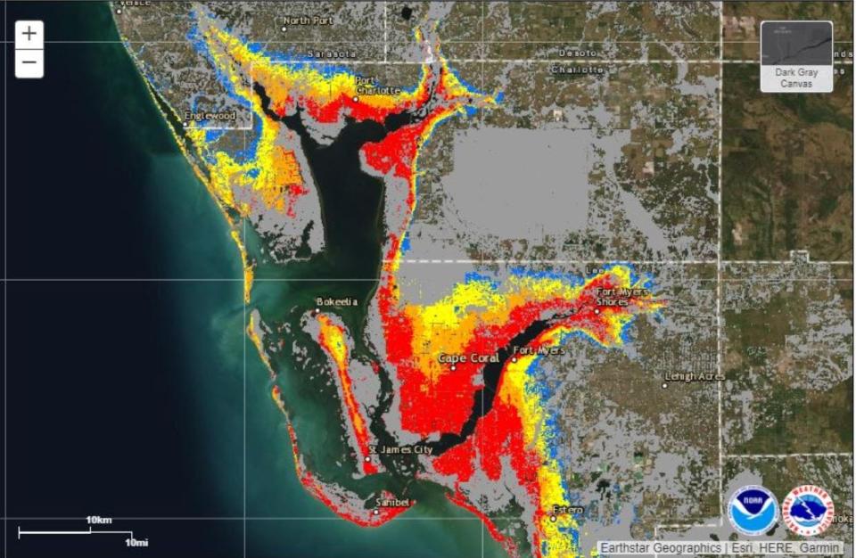 Storm surge inundation map issued Sept. 27 for the Fort Myers and Cape Coral area.