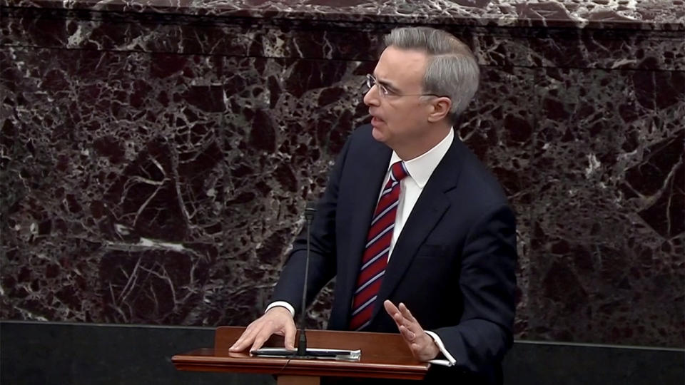 White House Counsel Pat Cipollone speaks during impeachment proceedings against U.S. President Donald Trump in the Senate at the U.S. Capitol on January 25, 2020 in Washington, DC. (Screengrab: Senate TV via Yahoo News)