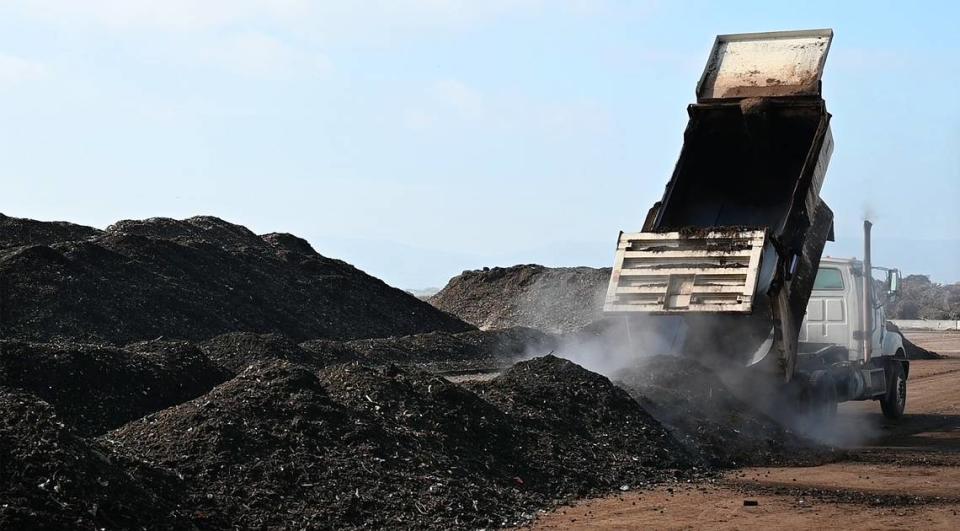 Compost is staged for screening at the City of Modesto Compost Facility west of Modesto, Calif., on Wednesday, Nov. 17, 2021.