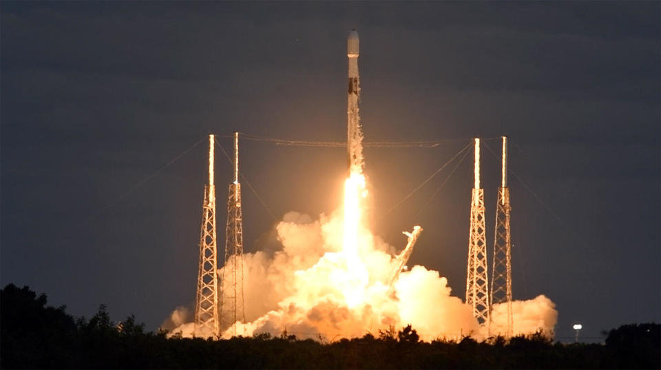 A view of launch from the nearby Kennedy Space Center as the Falcon 9 climbed away from pad 40 at the Cape Canaveral Space Force Station. / Credit: William Harwood/CBS News