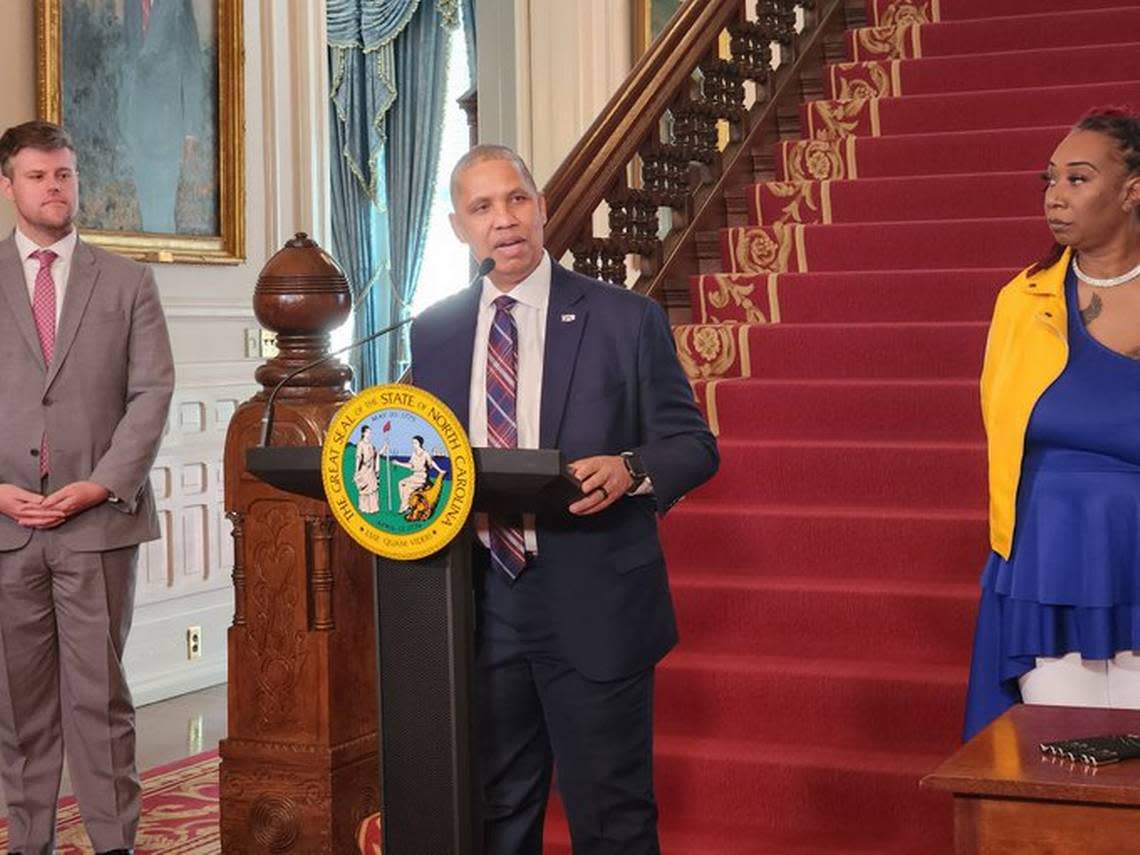 North Carolina Department of Public Safety Secretary Eddie Buffaloe talks during a news conference at the Executive Mansion in Raleigh, N.C., about establishing a new Office of Violence Prevention in his agency.