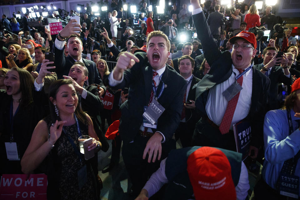 Supporters of Republican presidential candidate Donald Trump cheer as they watch election returns during an election night rally, Tuesday, Nov. 8, 2016, in New York. ( Photo: Evan Vucci/AP)