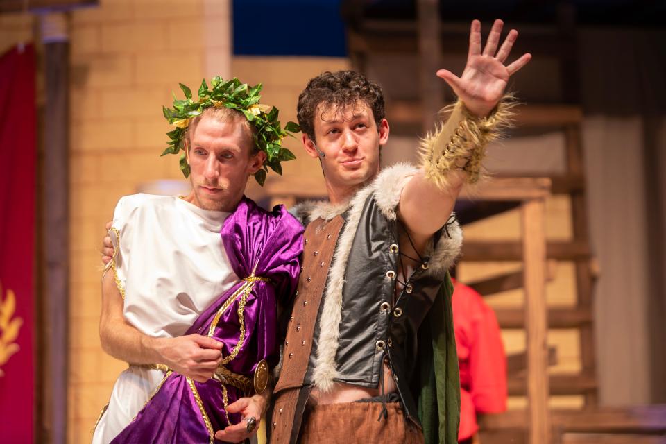 Onstage moment of actors Matthew Thompson and Anthony Gallo in Southern Shakespeare's production of "Antony & Cleopatra," 2023.