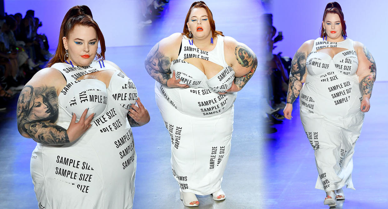 Tess Holliday walks the catwalk at Chromat's NYFW show. [Photo: Getty]