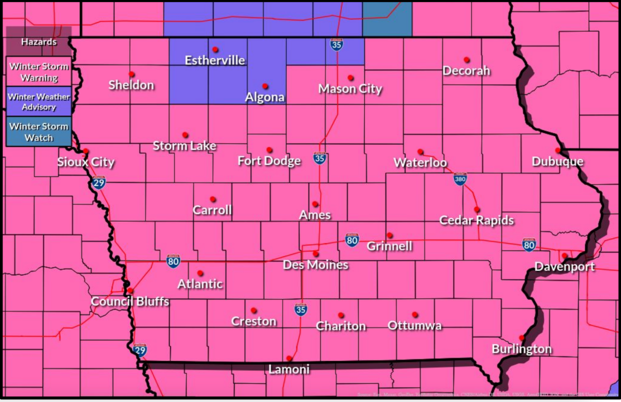 A winter storm warning is in effect for most of Iowa until Tuesday, Jan. 9, 2024.