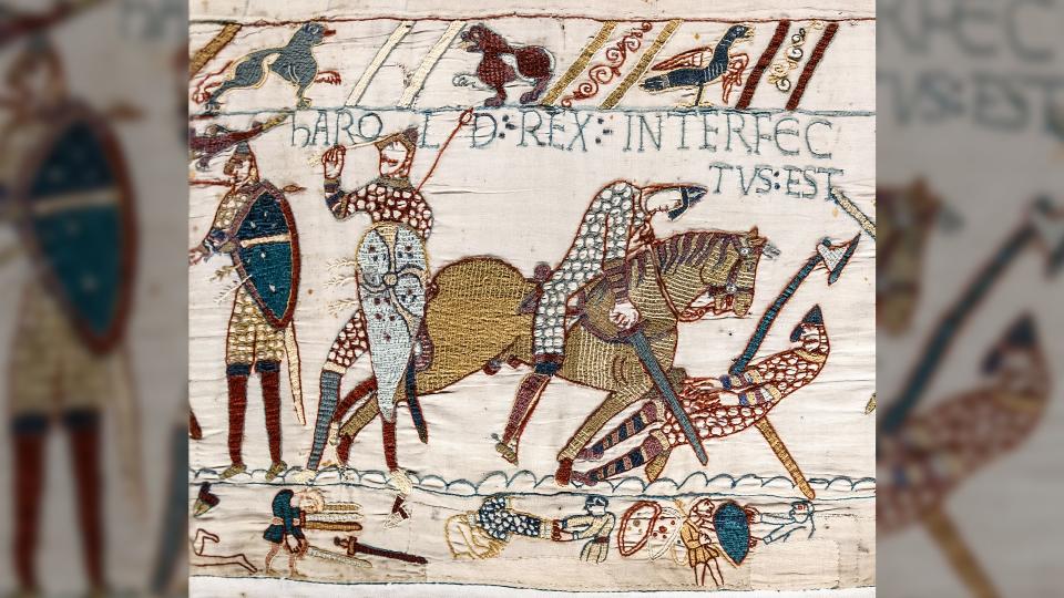Bayeux Tapestry - Scene 57: the death of King Harold at the Battle of Hastings. He's been hit by an arrow to the eye, slumped over on his horse.
