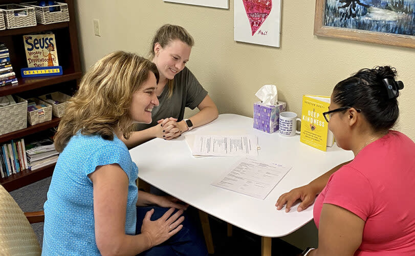 Katherine Holden, principal of Talent Middle School in Phoenix, Oregon, met with assistant principals Allison Hass, left, and Erika Ochoa to plan for this fall. (Courtesy of Katherine Holden)