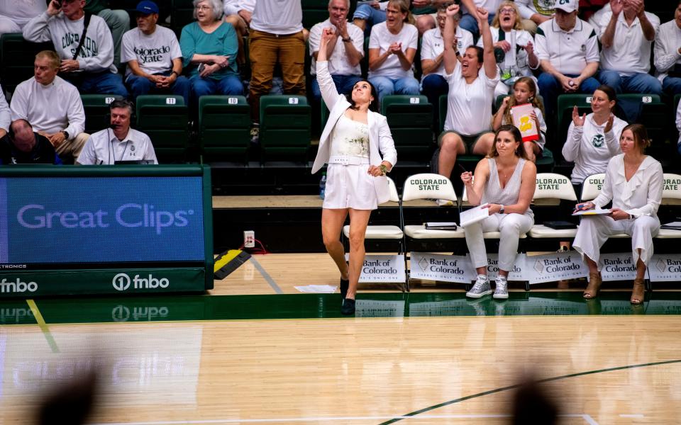 First-year CSU volleyball coach Emily Kohan raises her fist in the air after a crucial point in the first set of a 3-1 upset of No. 10 Kentucky on Friday Aug. 25, 2023 at Moby Arena.