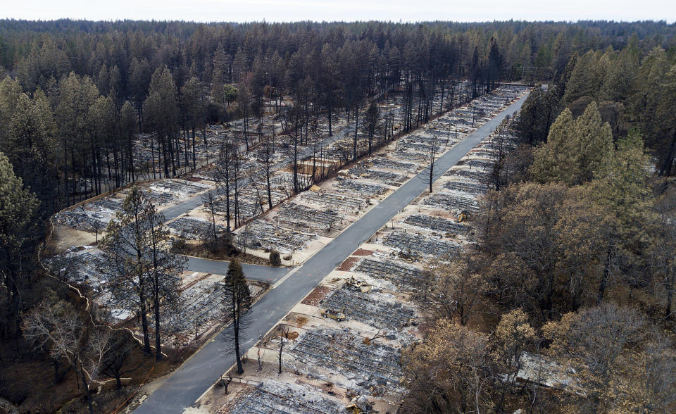 FILE- in this Dec. 3, 2018, file photo, homes leveled by the Camp Fire line the Ridgewood Mobile Home Park retirement community in Paradise, Calif. As California counties face the prospect of increased utility power shut-off meant to prevent wildfires, counties with more resources are adapting much more easily to the challenge than poorer ones. (AP Photo/Noah Berger, File)