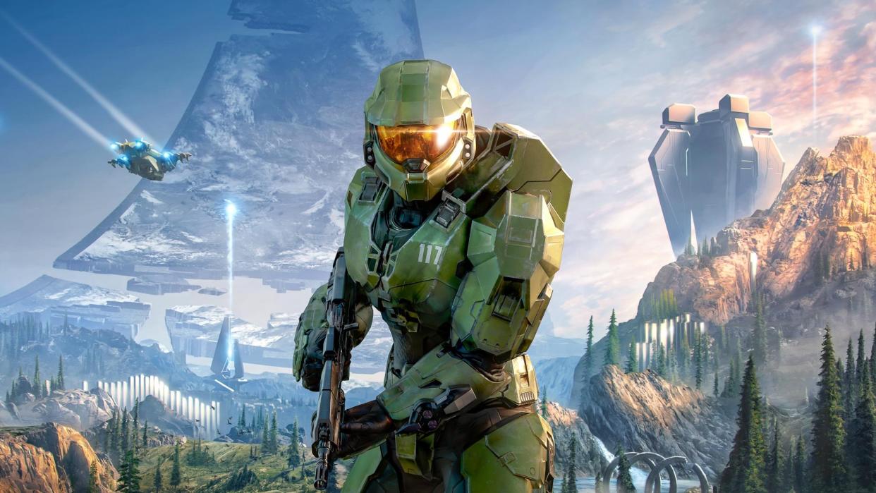  Halo infinite cover art with master chief on zeta halo. 