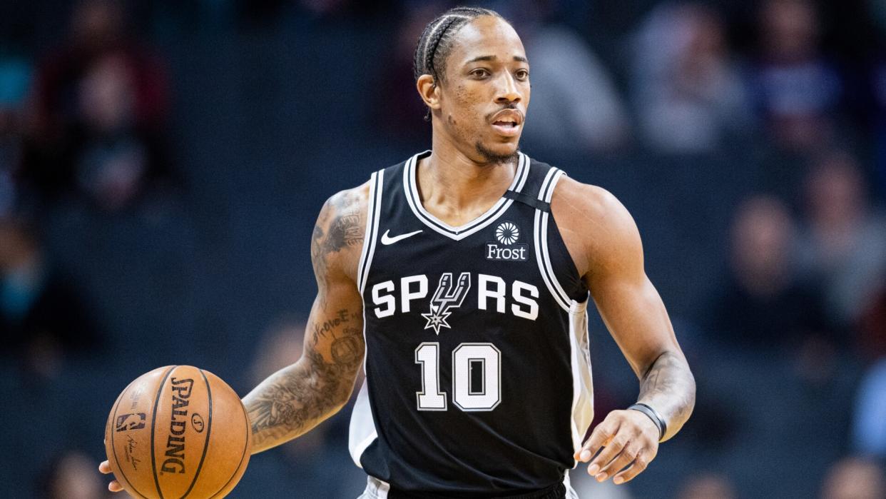 CHARLOTTE, NORTH CAROLINA - MARCH 03: DeMar DeRozan #10 of the San Antonio Spurs during the first quarter during their game against the Charlotte Hornets at Spectrum Center on March 03, 2020 in Charlotte, North Carolina.