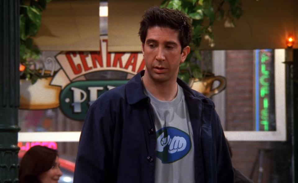 One eagle-eyed "Friends" fan has discovered that a T-shirt Ross wears in Season 8 is a clever Easter egg. See the shirt here.