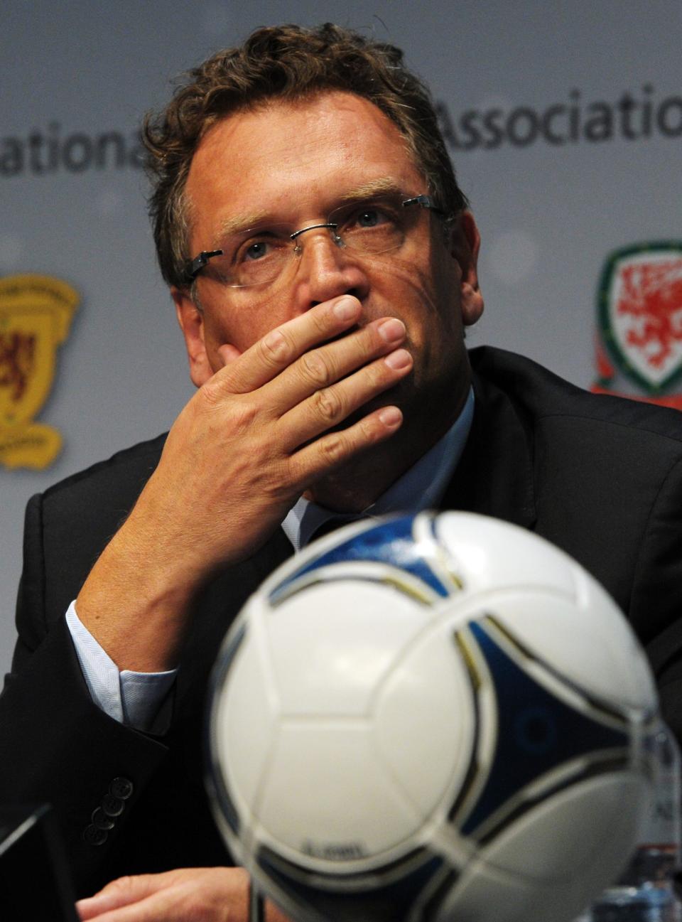 Jerome Valcke, FIFA General Secretary, answers questions at a press conference about goal-line technology in Zurich, Switzerland, Thursday July 5, 2012. Goal-line technology has been given the go-ahead by the International Football Association Board (IFAB) following a vote at FIFA headquarters in Zurich. (AP Photo / KEYSTONE/Steffen Schmidt)