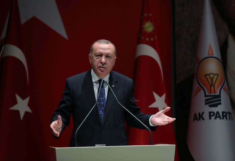 Turkish President Erdogan speaks during a meeting of his ruling AK Party in Ankara