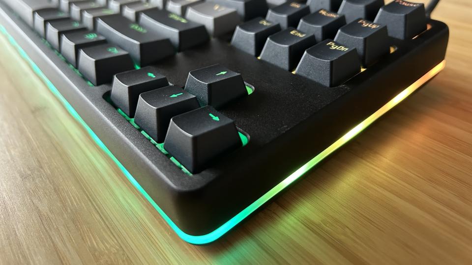 Corner of Drop CTRL V2 keyboard with RGB strip around the edge