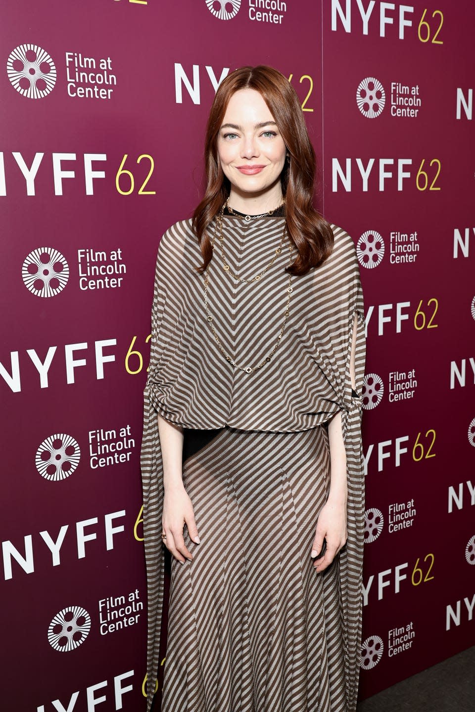 new york, new york october 05 emma stone poses backstage during the screening of a real pain during the 62nd new york film festival at alice tully hall, lincoln center on october 05, 2024 in new york city photo by jamie mccarthygetty images for flc