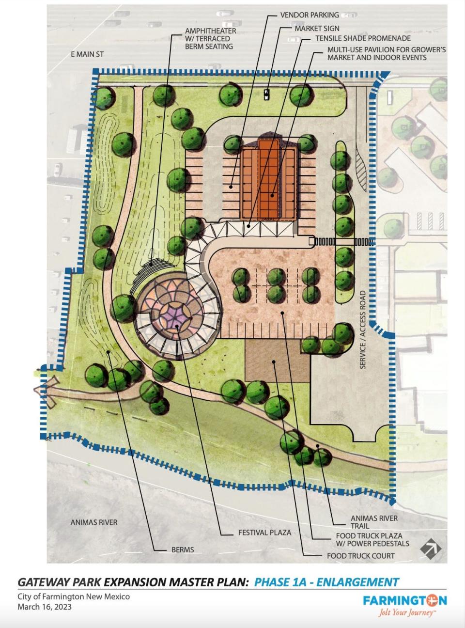 A schematic drawing provided by the city of Farmington shows preliminary designs for a pavilion, festival plaza and food truck court planned for the west side of the Farmington Museum at Gateway Park.