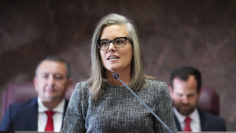 Arizona Democratic Gov. Katie Hobbs gives the State of the State address at the Arizona Capitol, Jan. 9, 2023, in Phoenix. Hobbs has vetoed Republican-sponsored legislation to restrict use of public school restrooms by transgender students. The veto was among several the Democratic governor made on Thursday, June 8.