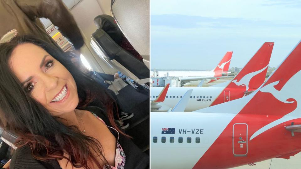 Compilation split image of Nicole Pedersen-McKinnon on a plane and Qantas symbols on airfcrafts.