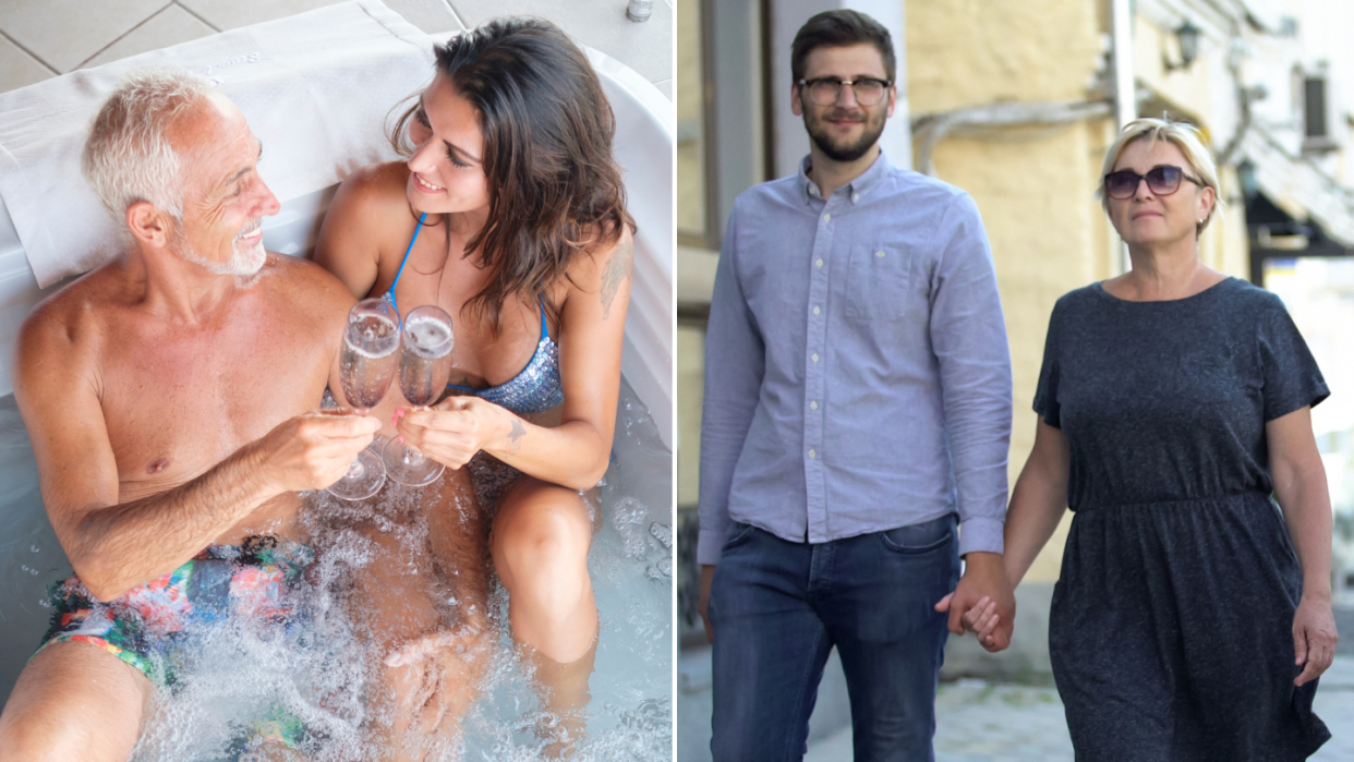 A mature man with younger woman enjoying champagne drinks in hot tub (left) and a mature woman walking on the street holding hands with a younger man (right)