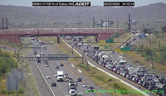 Traffic heading north on Interstate 17 for the holiday weekend starts to back up early afternoon on May 22, 2020.