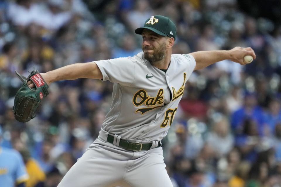 Oakland Athletics starting pitcher Sam Moll throws during the first inning of a baseball game against the Milwaukee Brewers Friday, June 9, 2023, in Milwaukee. (AP Photo/Morry Gash)