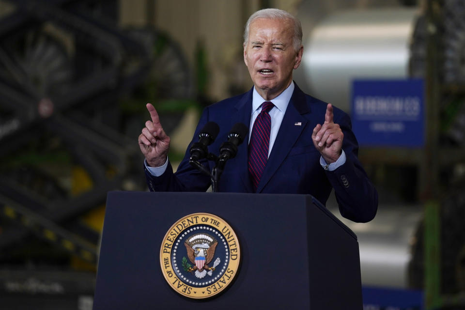 President Joe Biden speaks at Auburn Manufacturing Inc., in Auburn, Maine, Friday, July 28, 2023, before he signs an executive order to encourage companies to manufacture new inventions in the United States. (AP Photo/Charles Krupa)