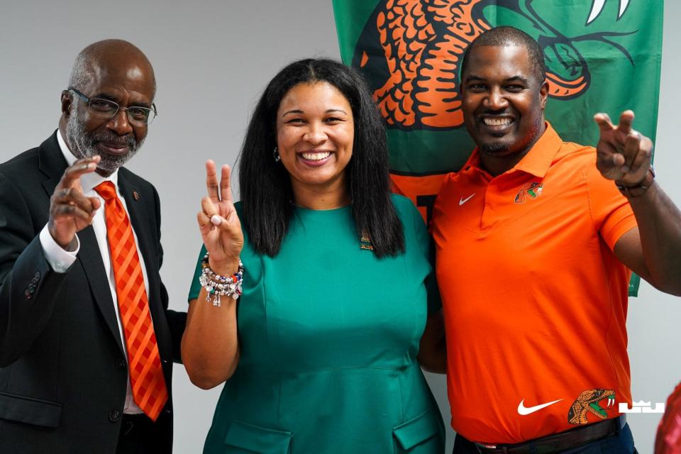 Florida A&M University President Dr. Larry Robinson (left), Vice President and Director of Athletics Tiffani-Dawn Sykes (middle), and football head coach Willie Simmons (right) poses for a photo at the 220 Quarterback Club, Wednesday, Oct. 26, 2022