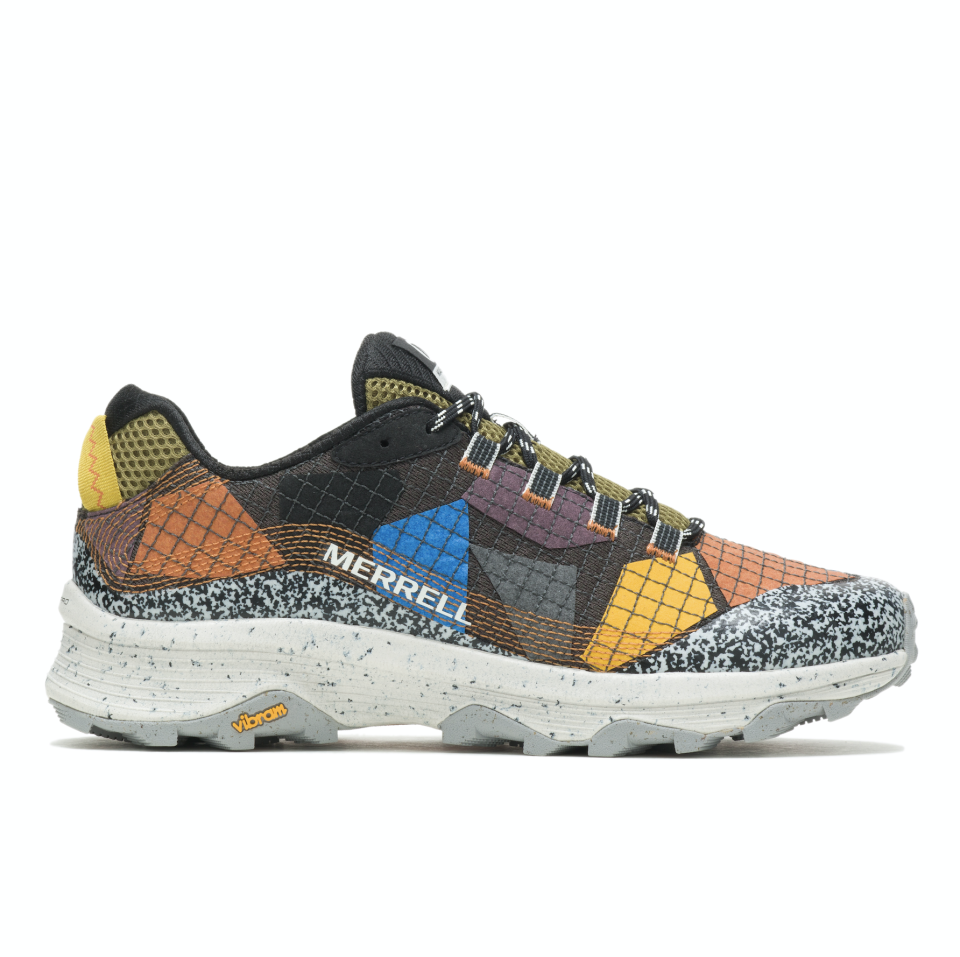 Merrell's Scrap line features a patchwork design which is one of a kind. Colors span orange, blue, grey and black. 