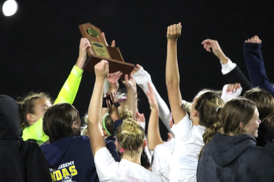 Notre Dame players rejoice as Notre Dame defeated Cooper 3-0 in the KHSAA 9th Region girls soccer final Oct. 14, 2023 at Notre Dame Academy.