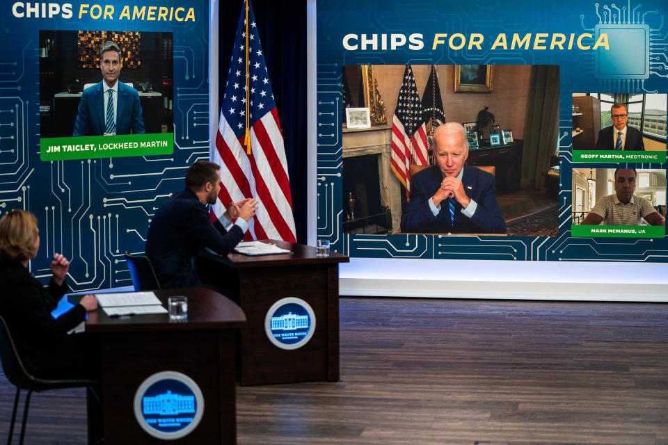 President Joe Biden discusses the importance of passing the Chips Act on July 25, 2022.<span class="copyright">Demetrius Freeman—The Washington Post/Getty Images</span>