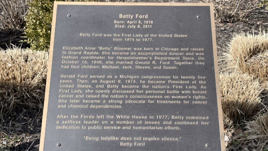 A plaque for the bronze statue of Betty Ford.